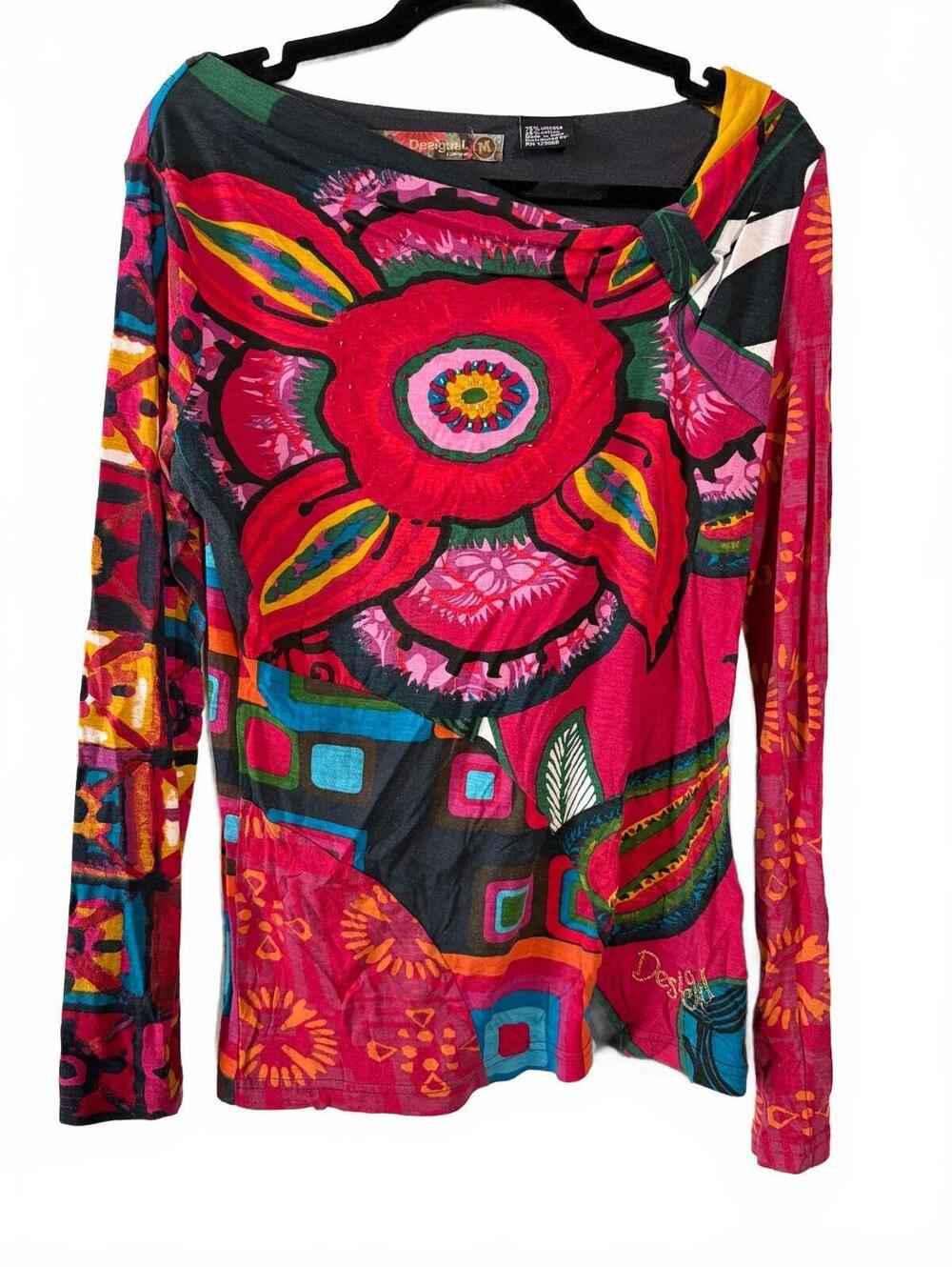 Desigual Jolie Top Womens Size M Multicolor Floral Graphic Beaded Long